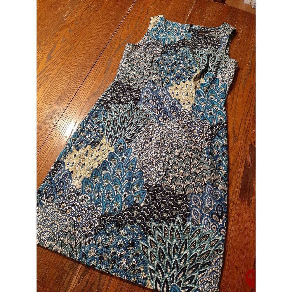 Size 6 Connected Apparel Blue White Green Paisley Sleeveless Midi Dress Rear Zip